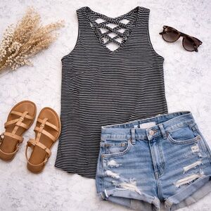 White Birch Black & White Striped Crisscross Neck Tank Top | Boho Casual